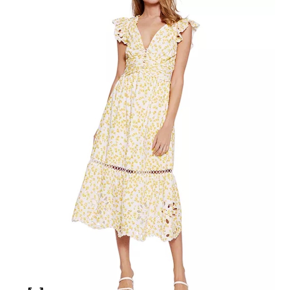 Rahi Yellow White Petra Floral Print Eyelet Ruffle Cap Sleeves Midi Dress XS-S?